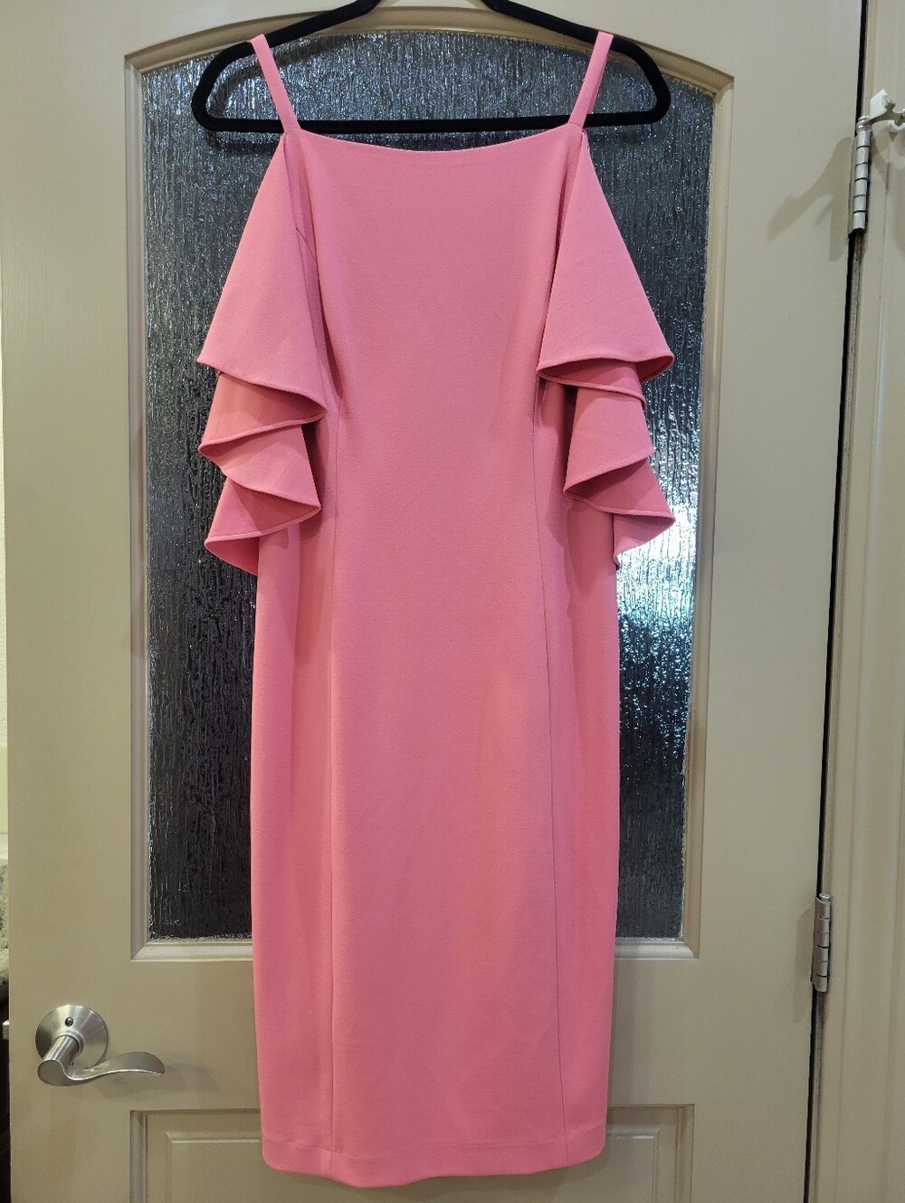 Adrianna Papell Pink Ruffle Cold-Shoulder Midi Dress